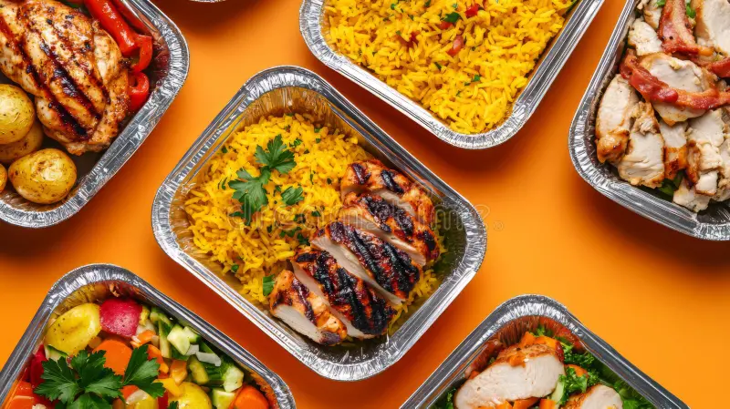 Meal prep containers with high-protein chicken, rice, and vegetables